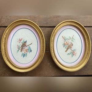 Vintage gold colored oval frames with pair of floral bird prints. USA made